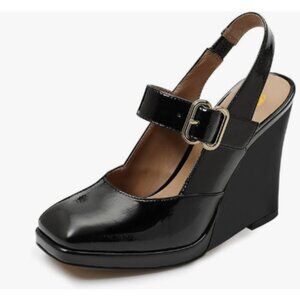 FYS Black Platform Square Toe Pumps Strappy Wedge High Heels Sexy Shoes